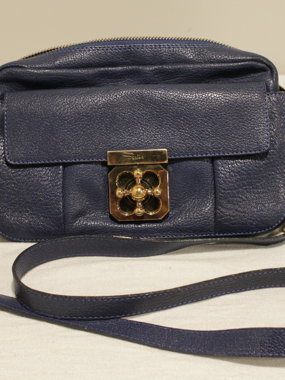 Chloe Navy Leather Crossbody with Gold Floral Turn Lock